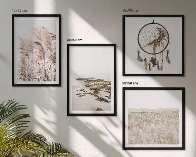 Wandbild als Polyptychon mit Rahmen Motiv Wiesen und Strand im Boho-Stil