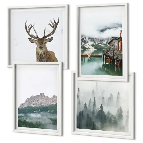 Wanddeko-Set mit Motiven von Bergen, See, Hirschen, Hütte und Nebel
