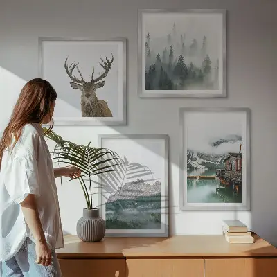Wanddeko-Set mit Motiven von Bergen, See, Hirschen, Hütte und Nebel