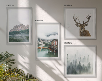 Wanddeko-set Berge, See, Hirsche, Hütte, Nebel
