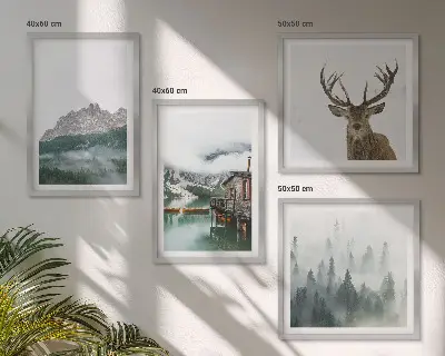 Wanddeko-Set mit Motiven von Bergen, See, Hirschen, Hütte und Nebel