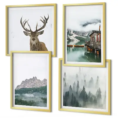 Wanddeko-Set mit Motiven von Bergen, See, Hirschen, Hütte und Nebel