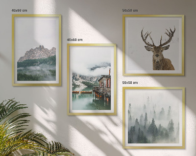 Wanddeko-set Berge, See, Hirsche, Hütte, Nebel