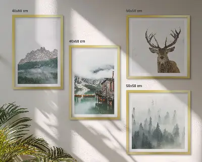 Wanddeko-Set mit Motiven von Bergen, See, Hirschen, Hütte und Nebel