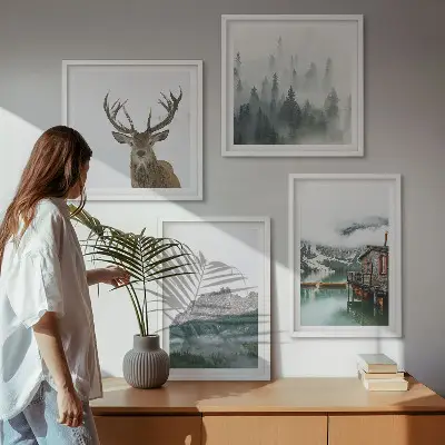 Wanddeko-Set mit Motiven von Bergen, See, Hirschen, Hütte und Nebel