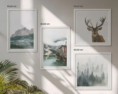 Wanddeko-Set mit Motiven von Bergen, See, Hirschen, Hütte und Nebel