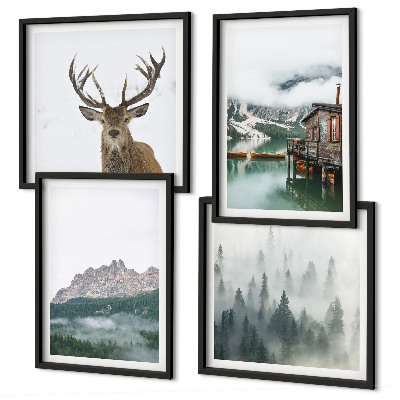Wanddeko-set Berge, See, Hirsche, Hütte, Nebel