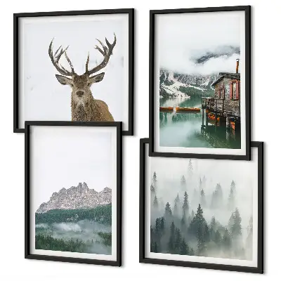 Wanddeko-Set mit Motiven von Bergen, See, Hirschen, Hütte und Nebel