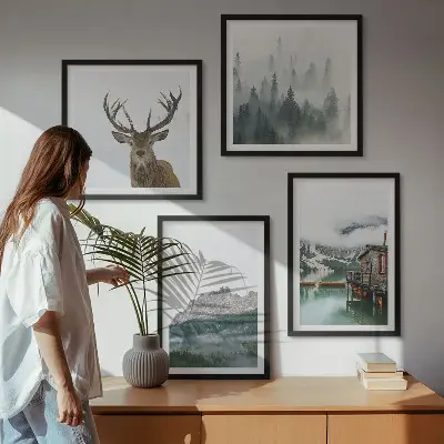 Wanddeko-Set mit Motiven von Bergen, See, Hirschen, Hütte und Nebel