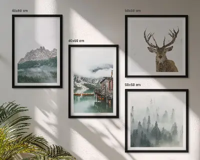 Wanddeko-Set mit Motiven von Bergen, See, Hirschen, Hütte und Nebel