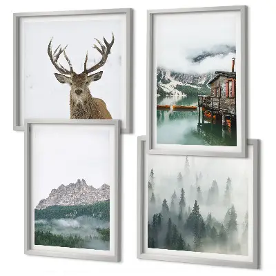 Wanddeko-Set mit Motiven von Bergen, See, Hirschen, Hütte und Nebel
