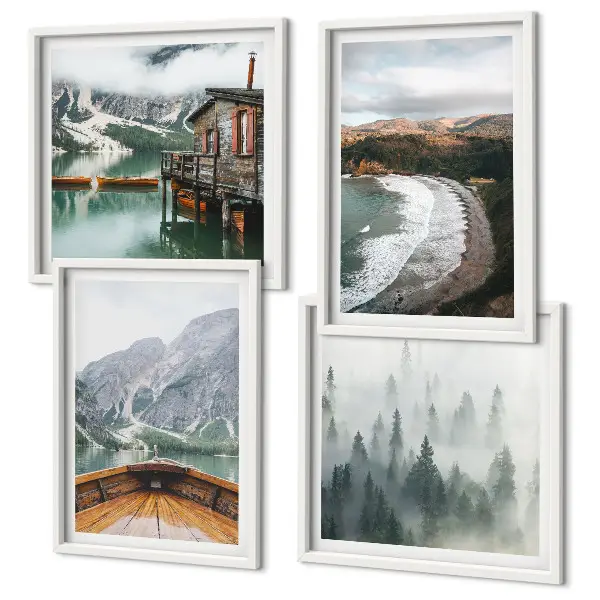 Wanddeko-Set mit Berg-, See-, Boot-, Nebel- und Strandmotiv