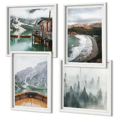 Wanddeko-Set mit Berg-, See-, Boot-, Nebel- und Strandmotiv