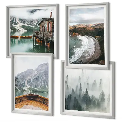 Wanddeko-Set mit Berg-, See-, Boot-, Nebel- und Strandmotiv
