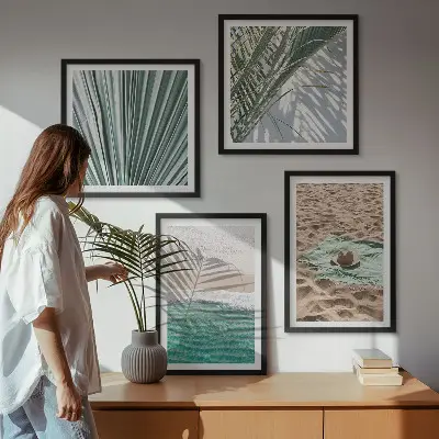 Wandbild Urlaubsblick Strand Meer als gerahmtes fünfteiliges Polyptychon
