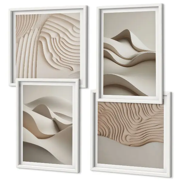 Abstrakte beige Wellen als gerahmtes Polyptychon