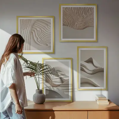 Abstrakte beige Wellen als gerahmtes Polyptychon