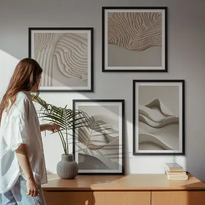 Abstrakte beige Wellen als gerahmtes Polyptychon