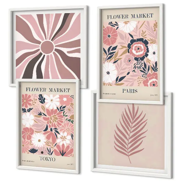 Wandbild mit Blumenmuster, Blättern und geometrischen Formen als gerahmtes Polyptychon
