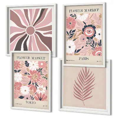 Wandbild mit Blumenmuster, Blättern und geometrischen Formen als gerahmtes Polyptychon