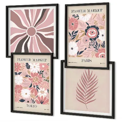Wandbild mit Blumenmuster, Blättern und geometrischen Formen als gerahmtes Polyptychon
