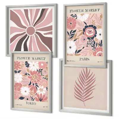 Wandbild mit Blumenmuster, Blättern und geometrischen Formen als gerahmtes Polyptychon