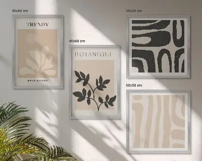 Wanddeko-Set mit stilvollen Pflanzenmustern in Beige und Schwarz