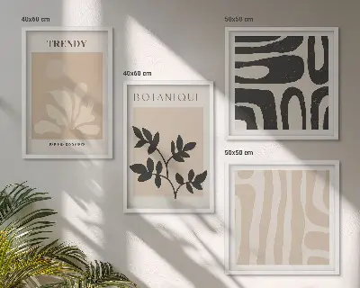 Wanddeko-Set mit stilvollen Pflanzenmustern in Beige und Schwarz
