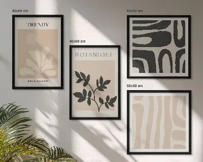 Wanddeko-Set mit stilvollen Pflanzenmustern in Beige und Schwarz