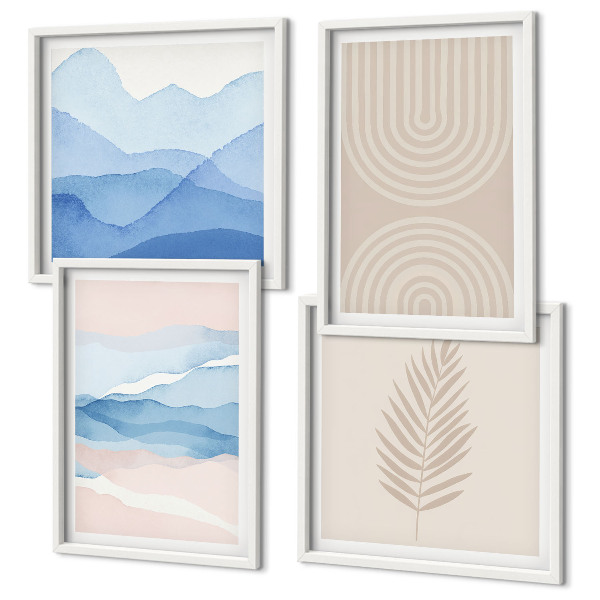 Polyptychon mit rahmen Blätterwellen beige blau