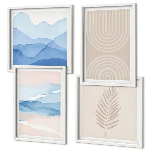 Blätterwellen beige blau Polyptychon mit Rahmen