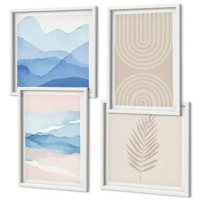 Blätterwellen beige blau Polyptychon mit Rahmen