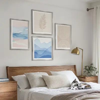 Blätterwellen beige blau Polyptychon mit Rahmen