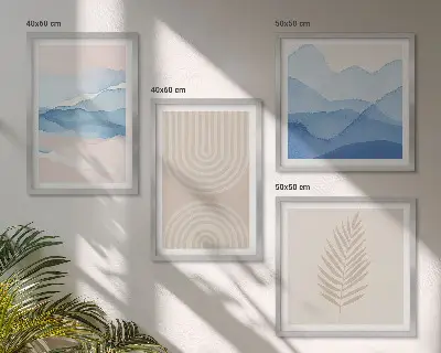 Blätterwellen beige blau Polyptychon mit Rahmen