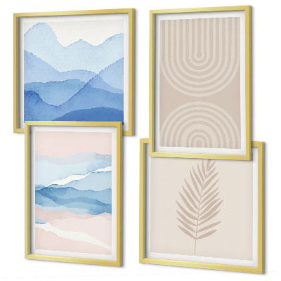 Polyptychon mit rahmen Blätterwellen beige blau