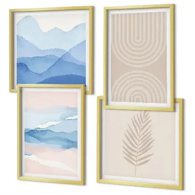 Blätterwellen beige blau Polyptychon mit Rahmen