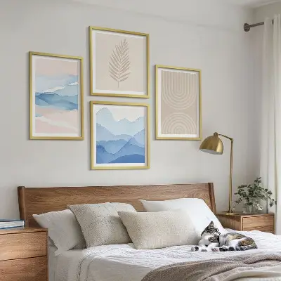 Blätterwellen beige blau Polyptychon mit Rahmen