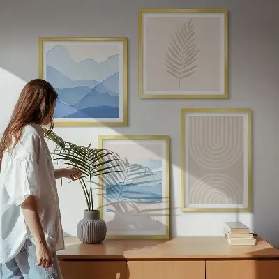 Blätterwellen beige blau Polyptychon mit Rahmen