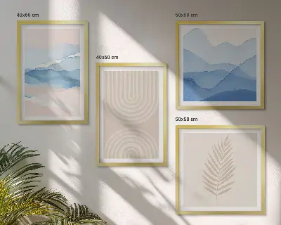 Blätterwellen beige blau Polyptychon mit Rahmen