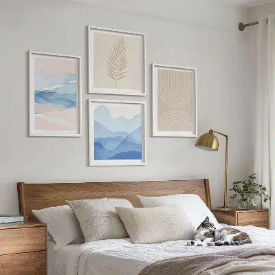 Blätterwellen beige blau Polyptychon mit Rahmen