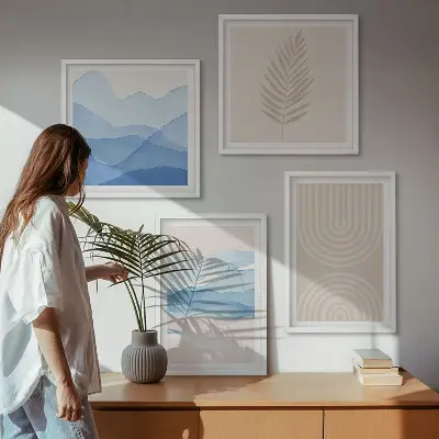Blätterwellen beige blau Polyptychon mit Rahmen