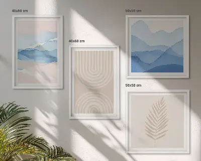 Blätterwellen beige blau Polyptychon mit Rahmen
