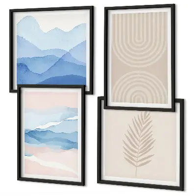 Blätterwellen beige blau Polyptychon mit Rahmen
