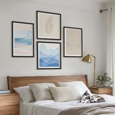 Blätterwellen beige blau Polyptychon mit Rahmen