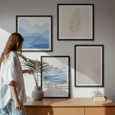 Blätterwellen beige blau Polyptychon mit Rahmen