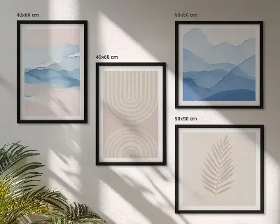Blätterwellen beige blau Polyptychon mit Rahmen