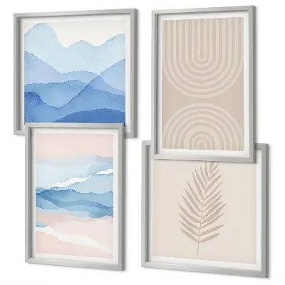 Blätterwellen beige blau Polyptychon mit Rahmen