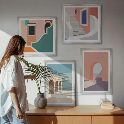 Wanddeko-Set mit minimalistischen Pastellgrafiken