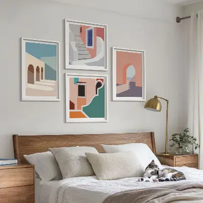 Wanddeko-Set mit minimalistischen Pastellgrafiken