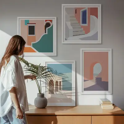 Wanddeko-Set mit minimalistischen Pastellgrafiken